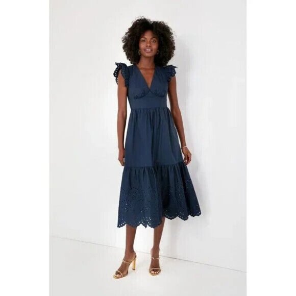 Hyacinth House by Tuckernuck Navy Blue Eyelet Marshall Maxi Dress sz S Small NWT - Picture 1 of 7